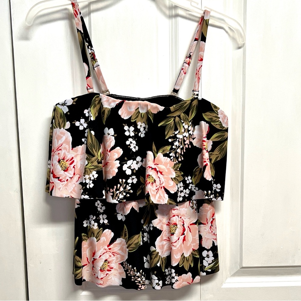 Kona Sol Black Floral Ruffle with Pink Blooms Tankini Top Size M